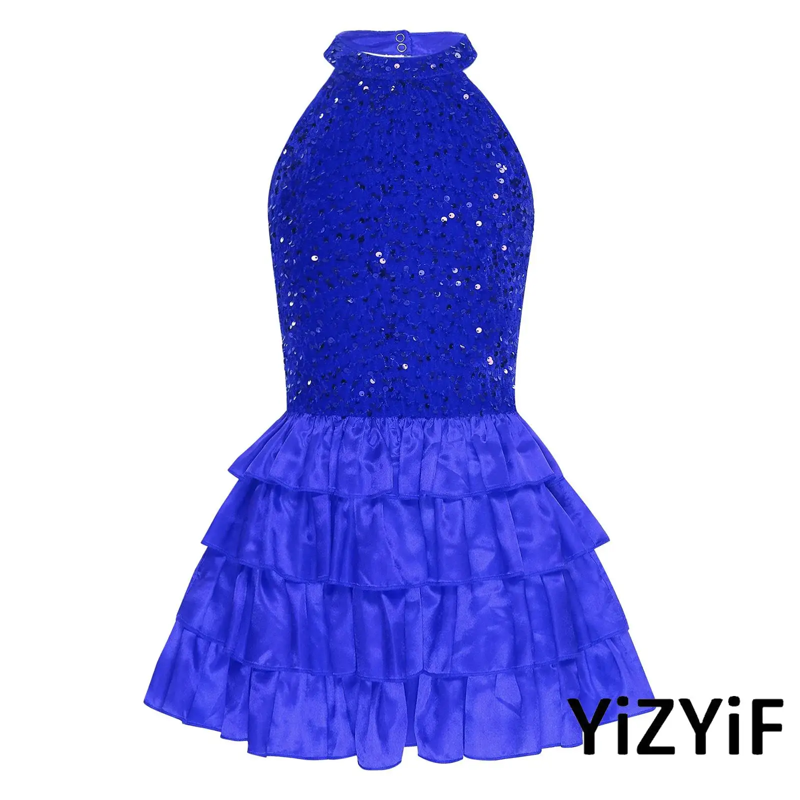 

Girls Fashion Sequin Dress Pretty Princess Sleeveless Backless Layered Ruffle Hem Skirt Dance Dress for Birthday Banquet Party
