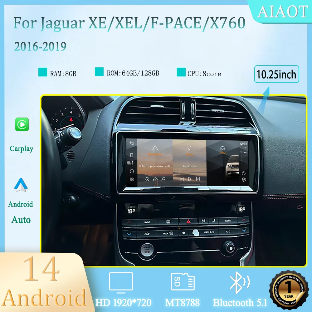 

10.25’‘Android14 For 2016-2019 Jaguar XE/XEL/F-PACE/X760 Car MediaPlayer CarPlay GPSRadio WIFI Navigation Retain OME menu