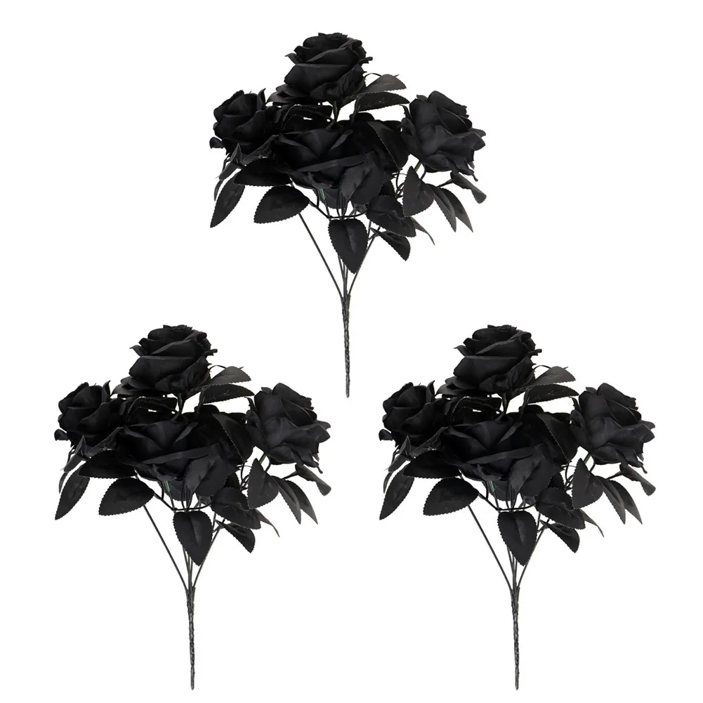 

3pcs Black Rose Bouquet 34cm Long Artificial Flowers For Halloween Decor Haunted House Spooky Theme Decoration