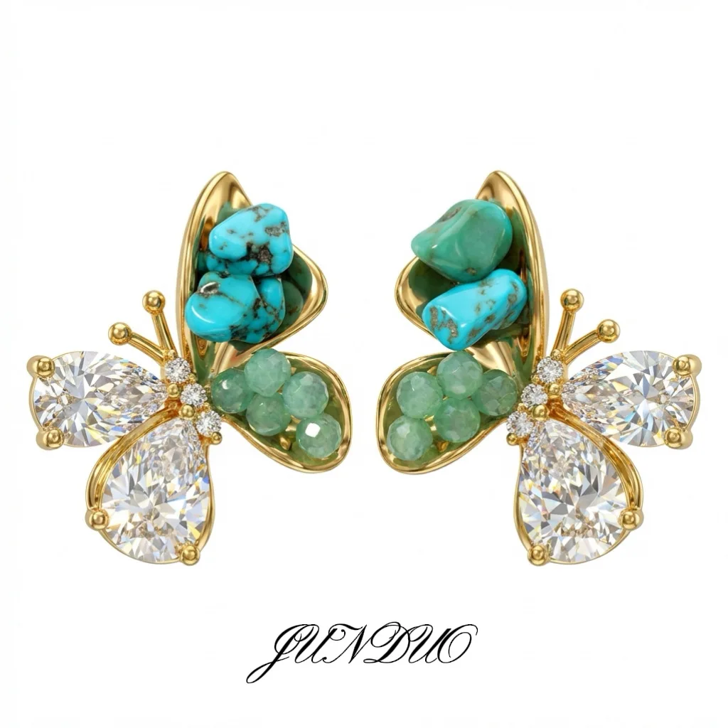 

Korean New Design Fashion Jewelry 24K Gold Plated Retro Green Stone Zircon Butterfly Earrings Elegant Women's Daily Accessories