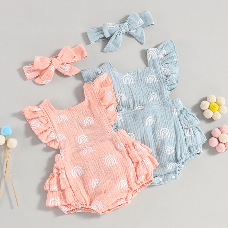 

2023-05-21 Lioraitiin 0-24M Infant Girl Bodysuit Rainbow Print Fly Sleeve Ruffles Tie-Up Backless Jumpsuits Newborn Clothes