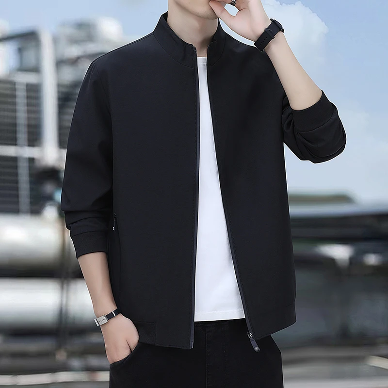 

Busin Sle Pure Color Autumn Jaet Stand Collar Men's Casual Coat All-Match Top Windproof Thiened Polyester Fiber