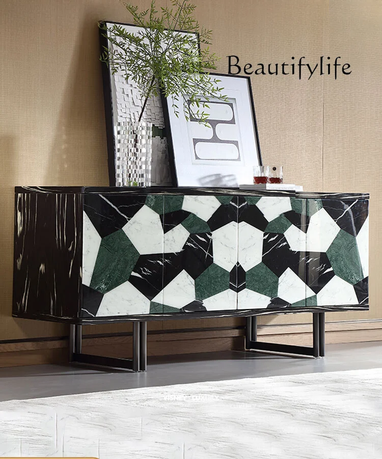 Italian Light Luxury Solid Wood Sideboard Modern Minimalist Tea Cabinet Marble Mosaic Home Entrance Cabinet