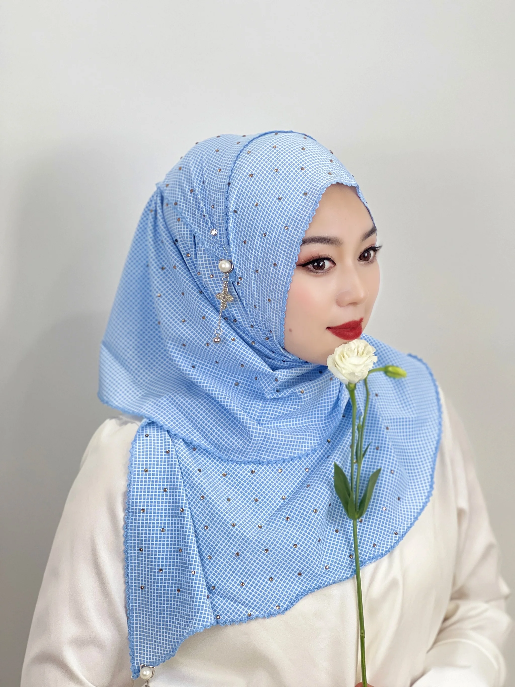 Muslim Plaid Hijab Iwith Diamonds slamic Hats Hijab Hoods Hair Loss Head Scarf Wrap Women Hijab Headband Hijab Instant Shawl