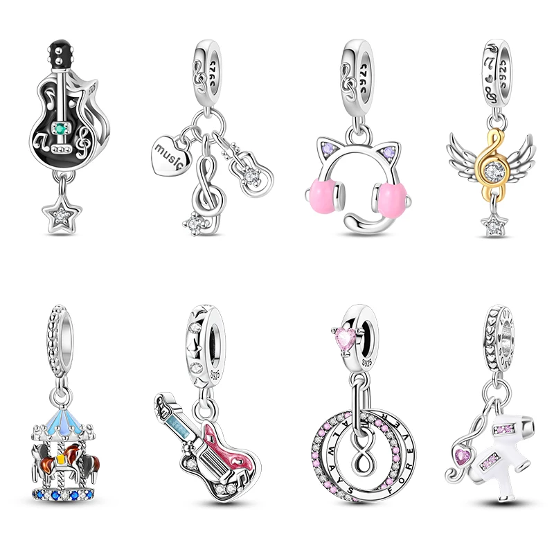 

100% 925 Sterling Silver Guitar Rock Musical Note Carousal Headphones Charms Beads For Bracelet Necklace DIY Jewelry Accessories