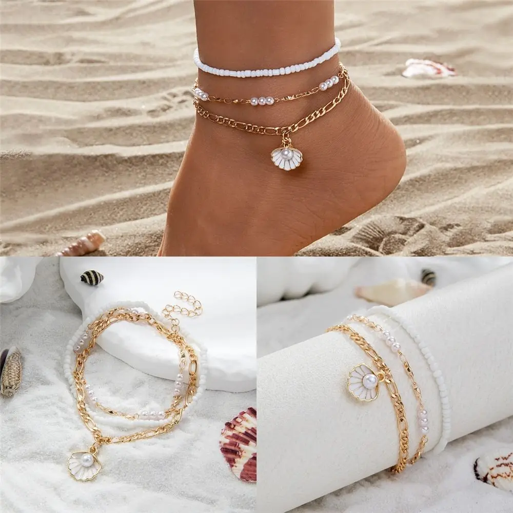 2 pçs presente concha boho tornozeleira conjunto elástico arroz contas pé jóias vieira praia charme tornozeleira para férias de verão wear
