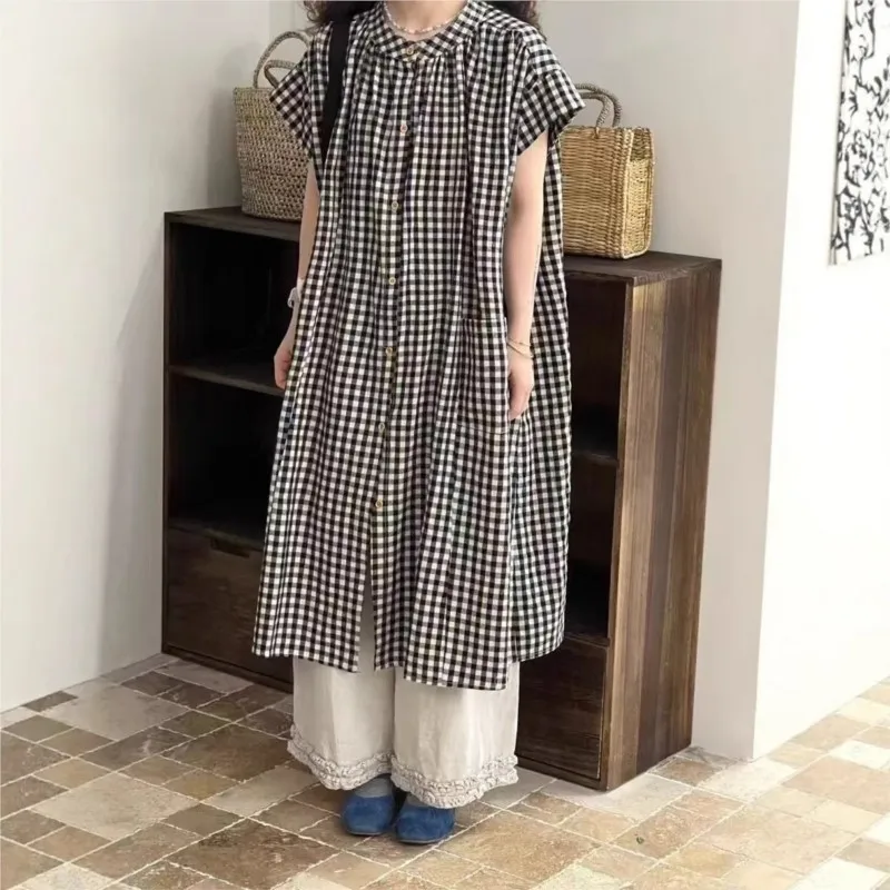 

Johnature Summer Japanese Cotton Plaid Tops Women 2025 New Casual O-neck Versatile Loose 3 Colors Long Shirts