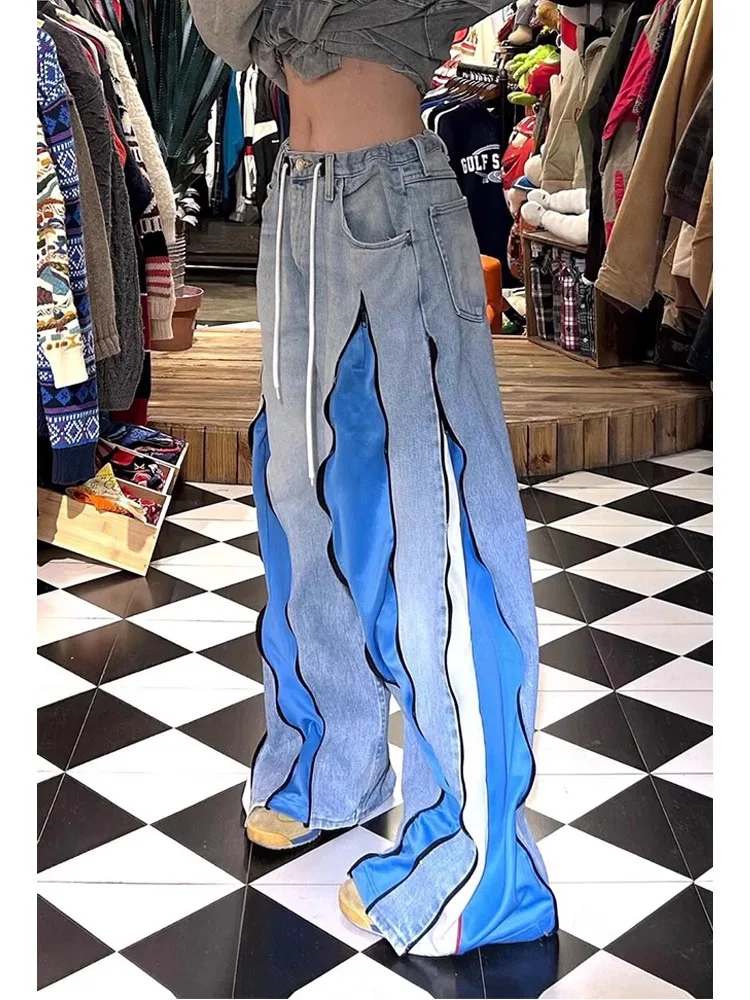 Pantaloni in denim color retrò americano Pantaloni estivi da donna di nuovo design a gamba larga lunghi fino al pavimento Jeans casual a vita alta