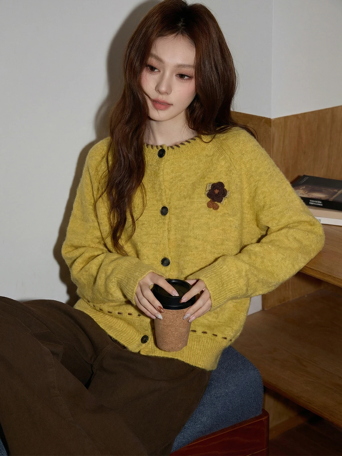 

Yellow Thiened Soft Loose Knitted Sweater Coat for Women Winter Korean Sle Long Sve round Ne Car Sewing Line