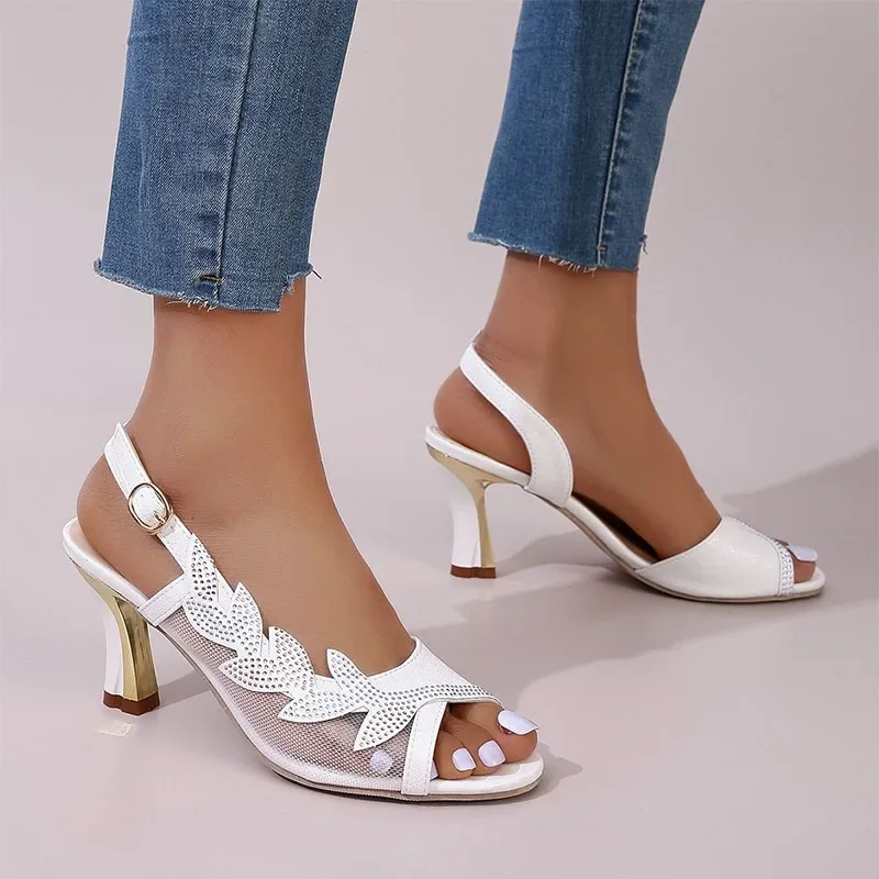 الصيف عالية الكعب النساء اللمحة تو الصنادل مثير Slingback Stiletto الكعوب سيدة فاخرة شبكة مرصعة بأحجار الراين النسيج والصنادل الجلدية