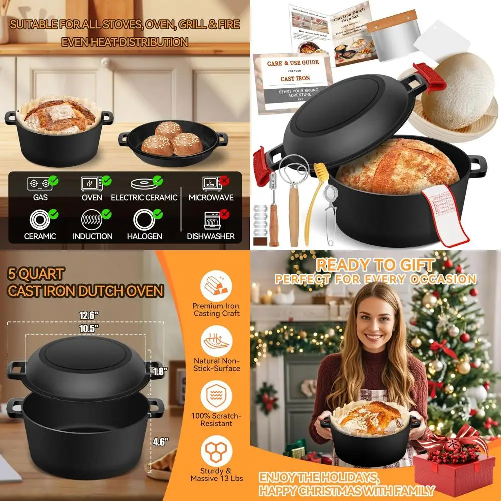 

2-in-1 Cast Iron Dutch Oven for Sourdough Baking & Banneton Proofing, 5-Quart with Skillet Lid and Lame