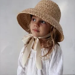 Children Hepburn Wind Straw Hat Ins Sweet Girls Lafite Grass Weaving Beach Sun Hat Child UV Sunscreen Cap Summer Accessories