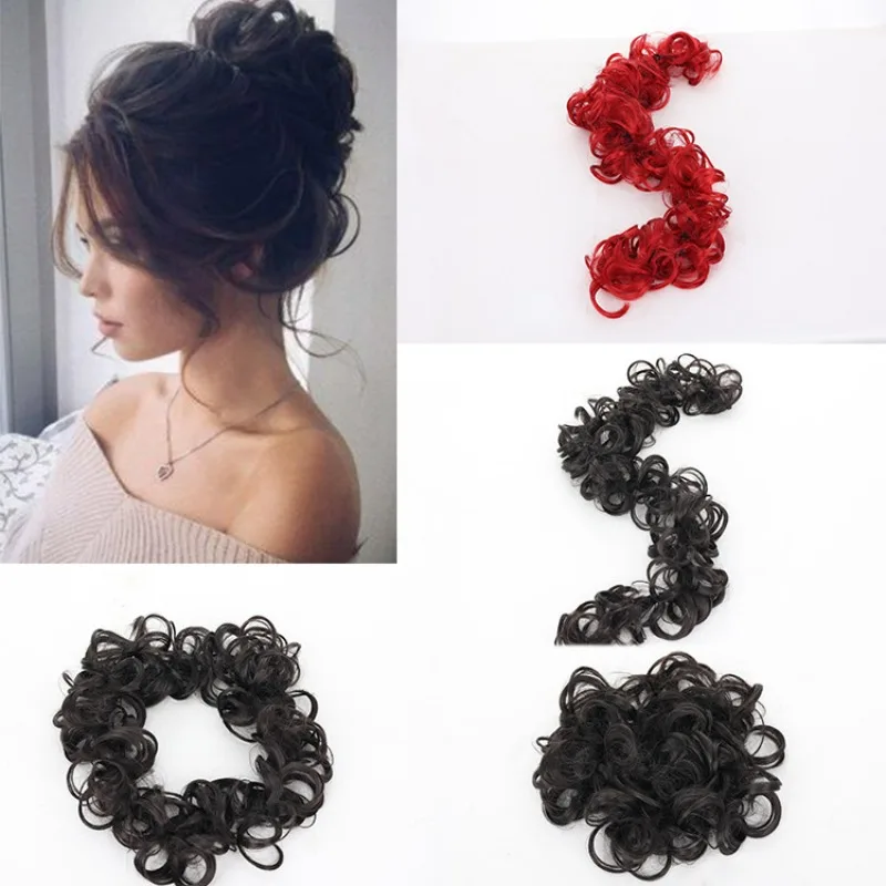 2PCS Long wig curly messy bun wrapped scrunchie elastic rubber headband