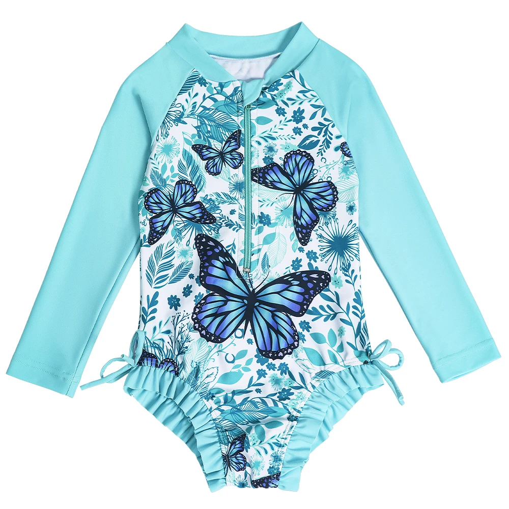 Swimming Costumes for Girls Long Sleeve Butterfly Design Swimsuit Hawaiian Bathing Suit Kids One Piece Quick Dry Swimwear