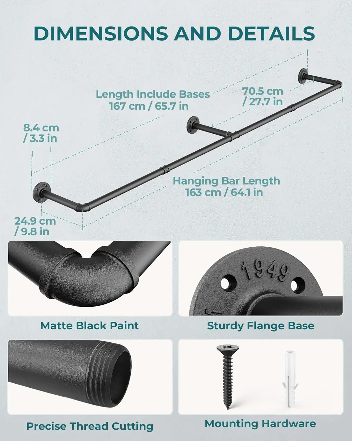 Clothes Rack, 65.7" Clothing Rack 2 Pack, Wall Mounted Heavy Duty Space Saving Garment Rack for Closet Storage, Black, 3 Base