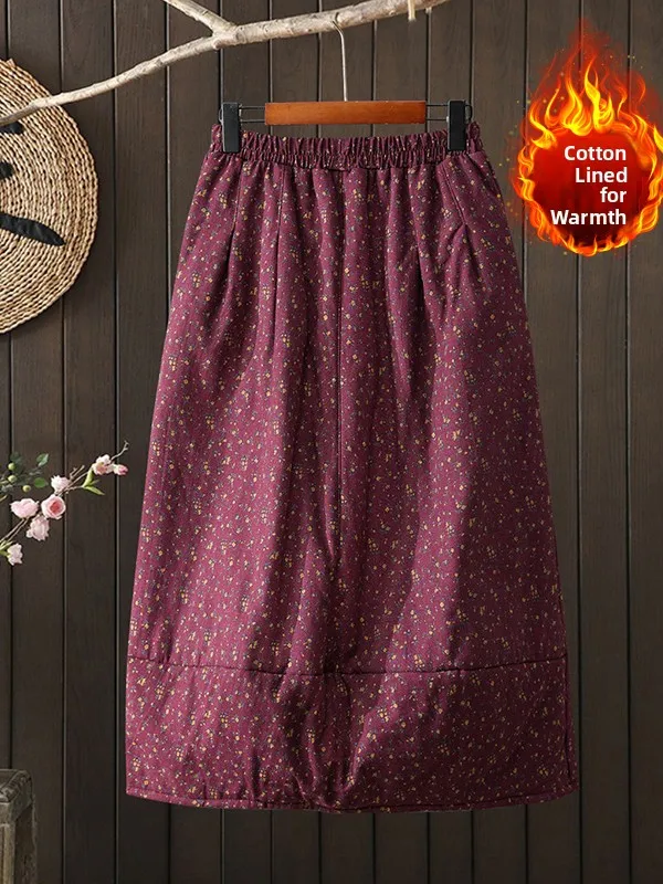 Jupe rétro en coton et lin à fleurs, jupe à bourgeons de fleurs artistiques, taille élastique, grande taille, jupe trapèze décontractée pour femmes