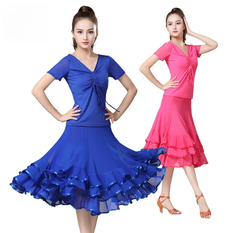 Roupa de Dança de Salão Feminina, Top de Manga Curta com Decote em V, Saia Curta com Camadas de Renda, Traje de Prática e Performance, Multicolorido Opcional