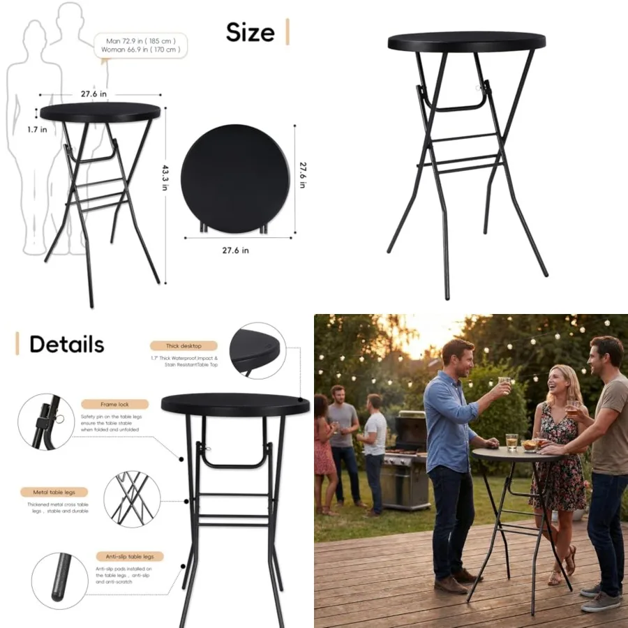 

Cocktail Table 28in Portable Folding Bar Height Table, Compact Round High Top Plastic and Steel Bistro with Removable Legs, Ind