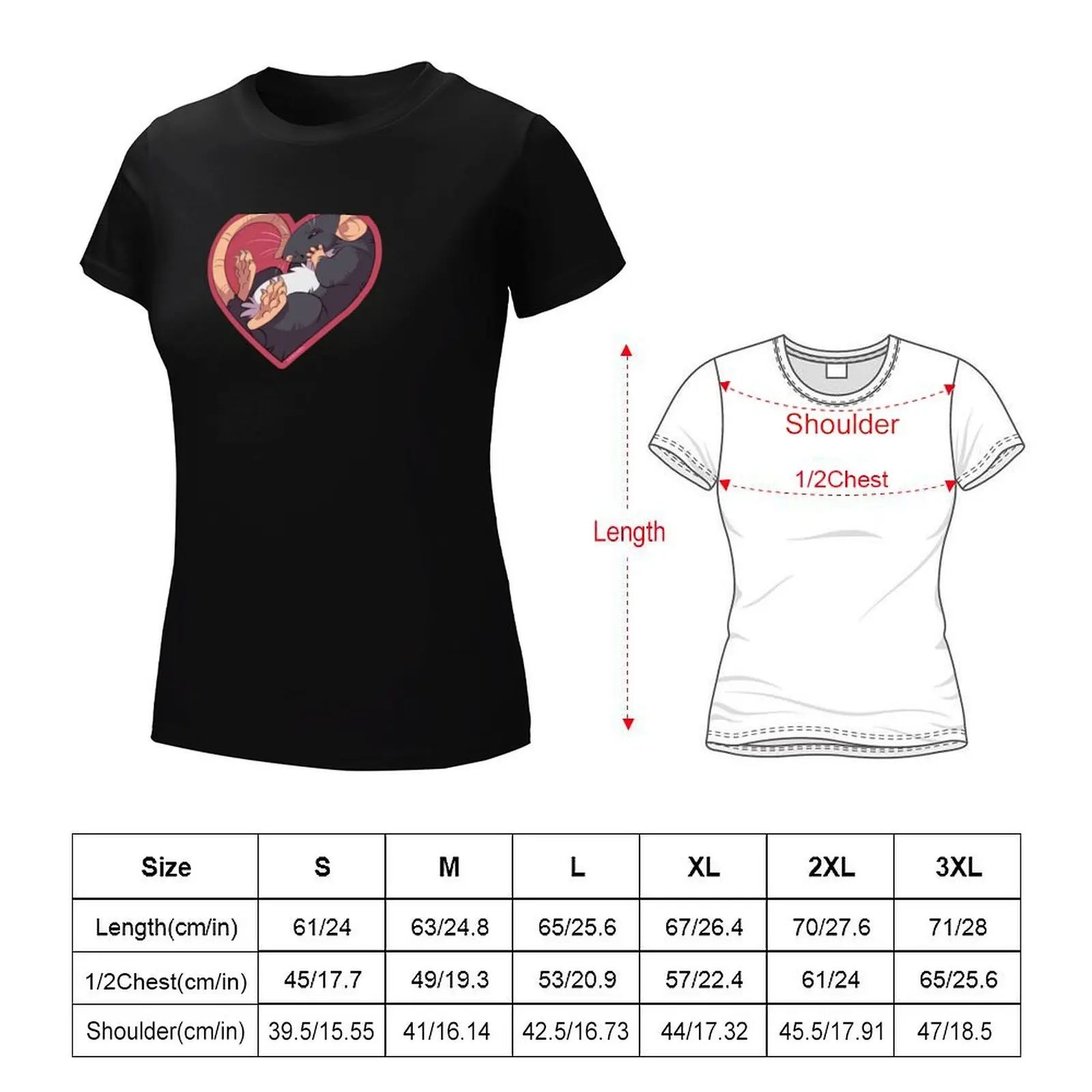 Camiseta negra con corazón de rata para mujer, camisetas de verano, camisetas de manga corta, ropa para mujer