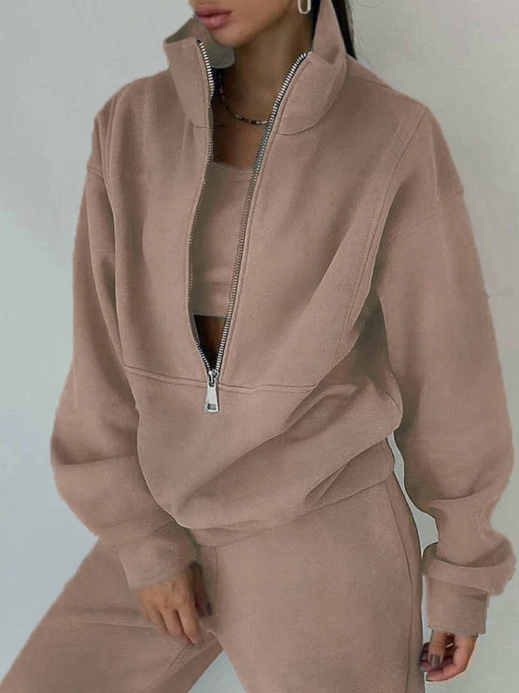 Autumn Women's Sweatshirt Half Zippers Pullover Tracksuit Top Trouser Two Piece Casual Fashion Long Sleeves Ladies Suit Clothing