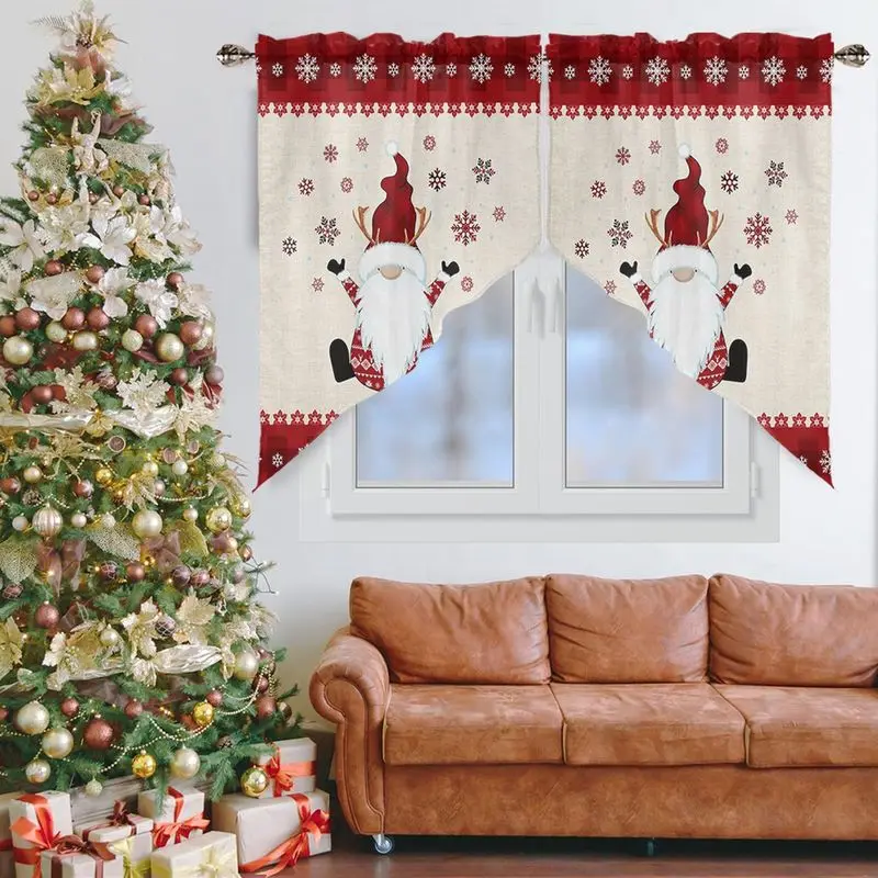 VIKAMA Farmhouse Style Christmas Gnome Triangle Curtains, Deer Antler Gnome and Snowflake Print Drapes, Kitchen Home Decor