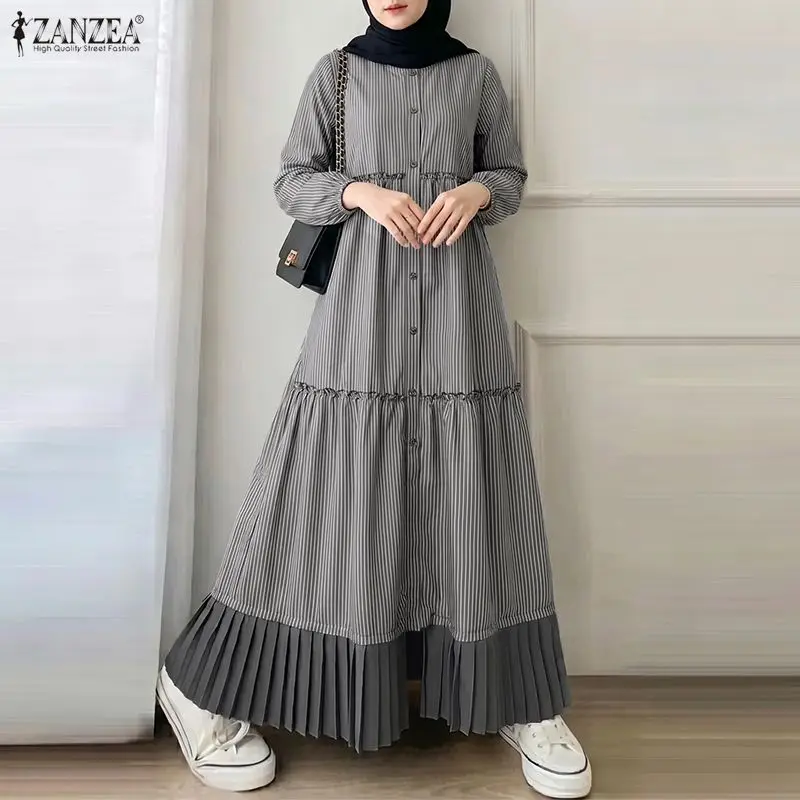 

Vintage Long Sleeve Striped Printed Dresses 2026 ZANZEA Women Patchwork Muslim Dress Abaya Robe Femme Ramadan Sundress Kaftan