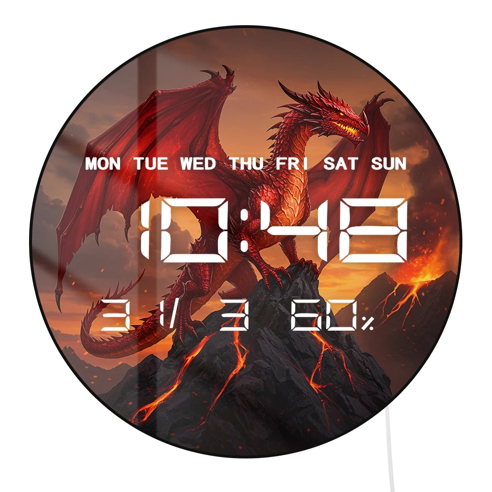 Fiery Volcano Mythical Red Fire Dragon Digital Wall Clock LED Display Fierce Fantasy Home Decor Electric Wall Clock Dual Purpose