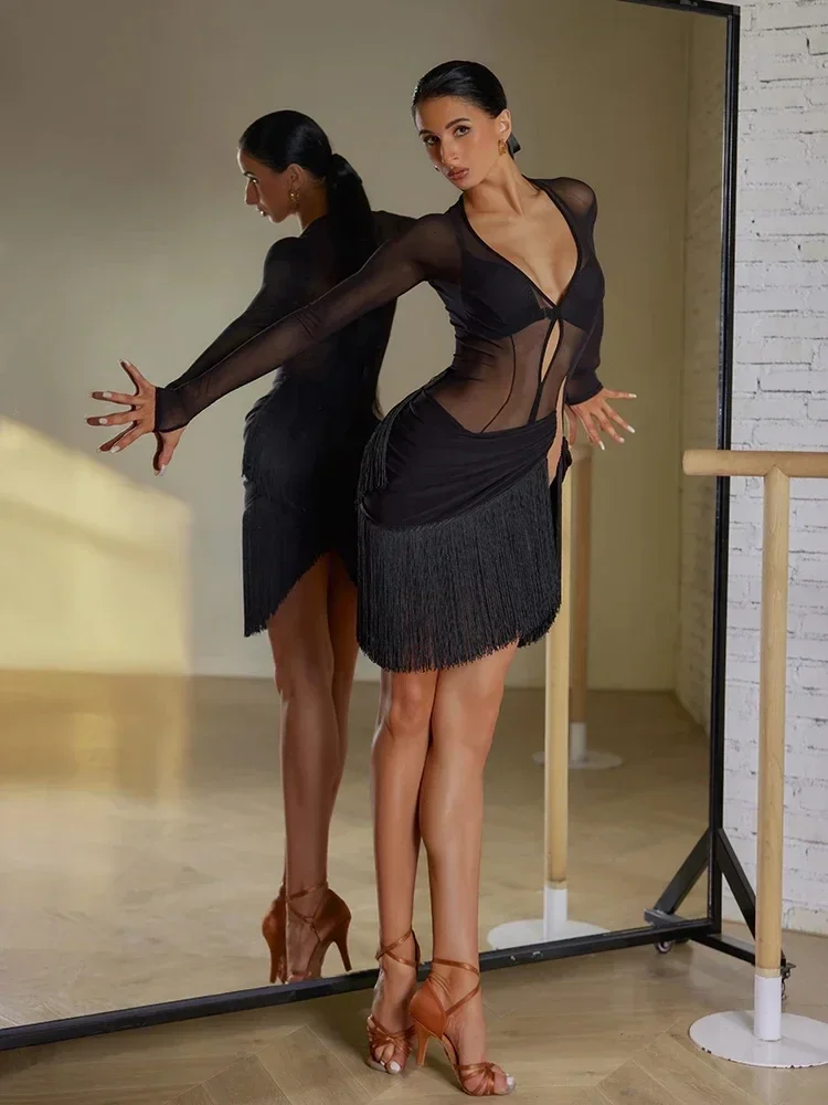 Robe Sexy à franges en maille pour danse latine, avec soutien-gorge, pour salle de bal, pratique latine, vêtements de scène, ZYMdancestyle Meshe