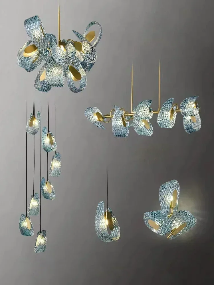 Modern LED Art Deco Blue Peacock Leaf Copper New Ceiling Chandelier Lustre For Living Room Staircase Lamp