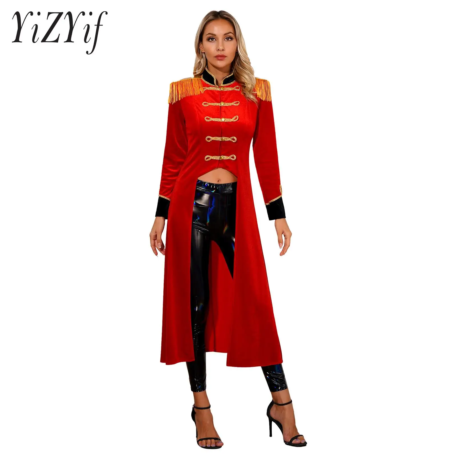 Womens Circus Ringmaster Velvet Tassel Long Tailcoat Jacket Halloween Cosplay Party Lion Tamer Showman Magician Costume