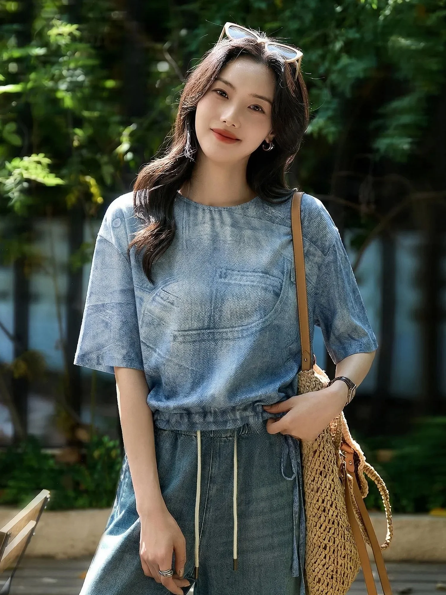 

Летняя женская футболка Chivirin Slim Fit с круглым вырезом и короткими рукавами, джинсового синего цвета, приятная к телу, дышащая, свободного кроя
