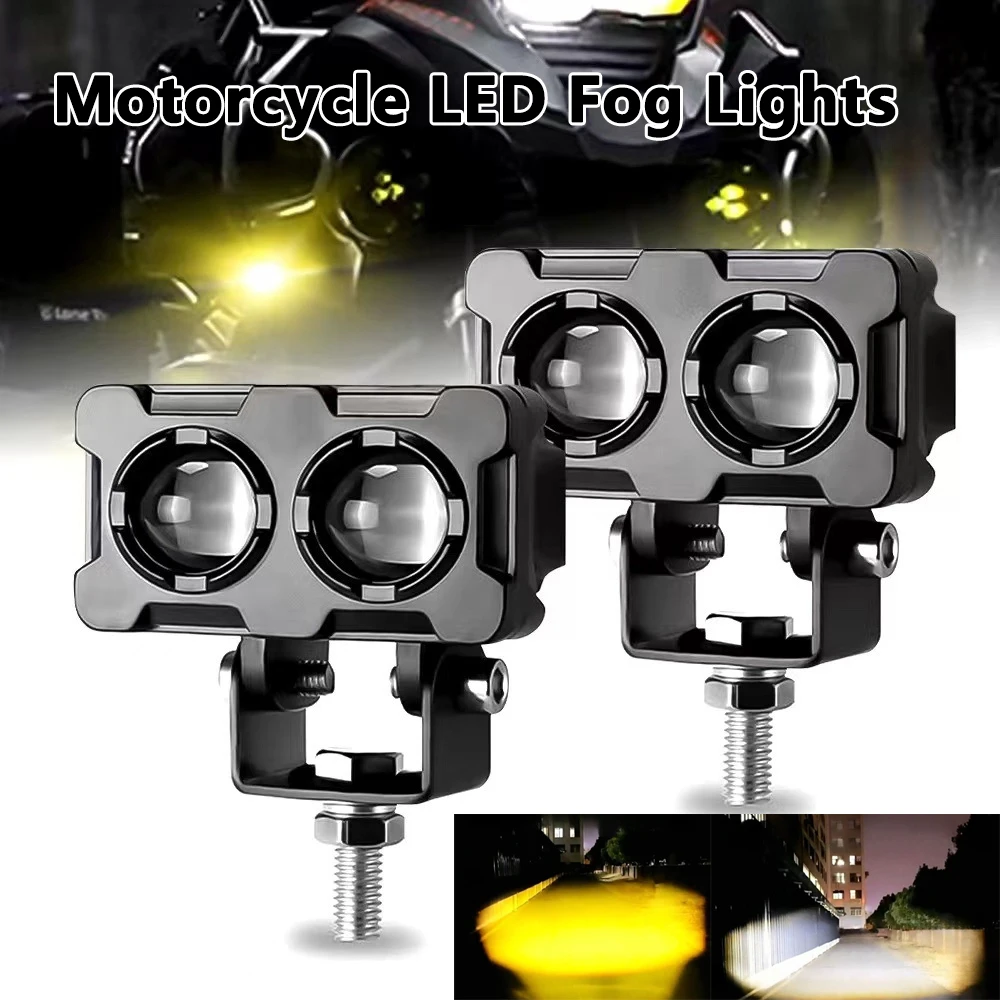 Foco de lente LED para motocicleta, foco de lentes dobles, lámpara antiniebla auxiliar para motocicleta, luz blanca y amarilla de doble Color, 1 ud.
