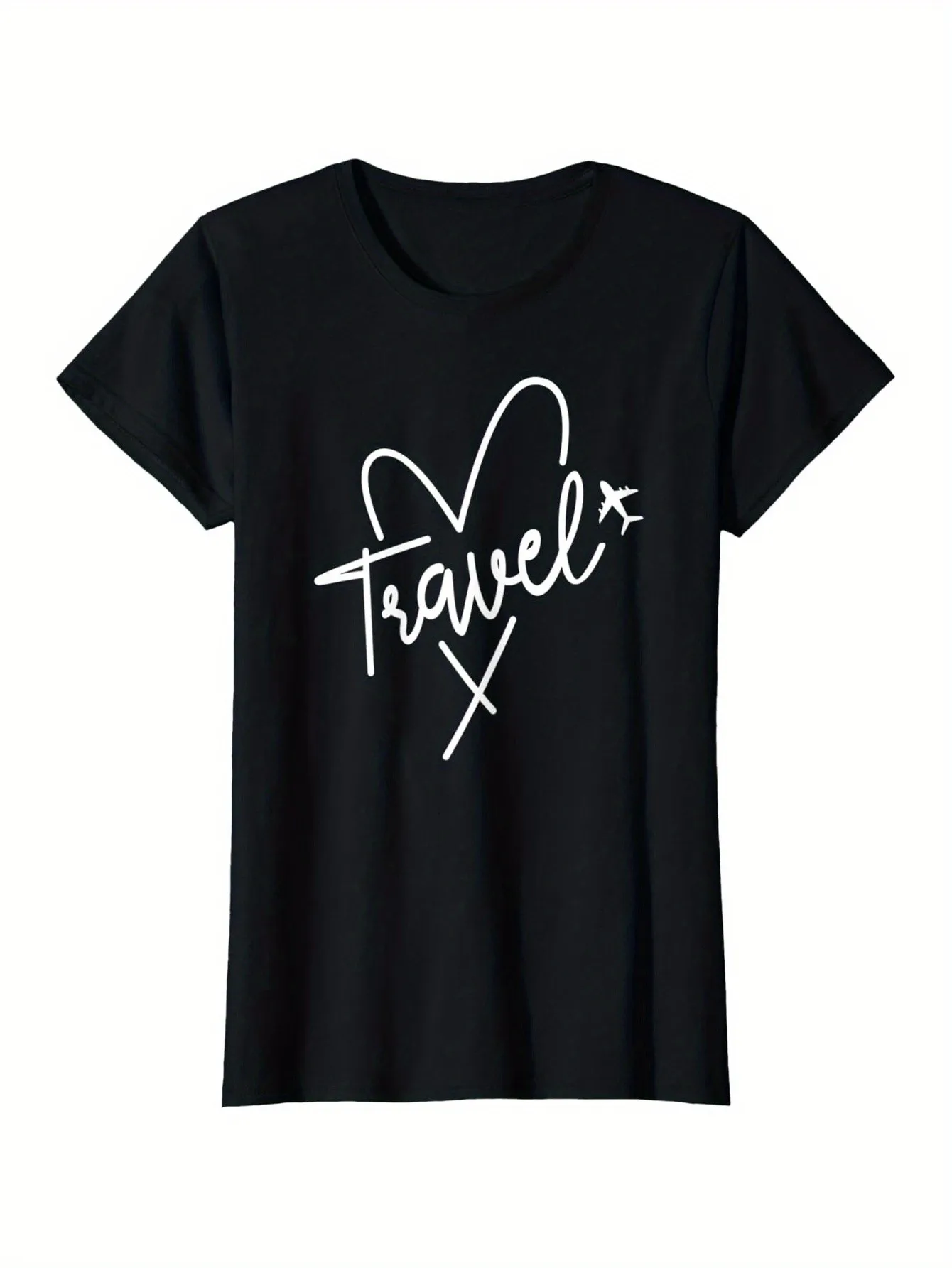 

100% Pure Cotton Round Neck Short-Sleeve T-Shirt with Heat Transfer Design, Perfect Gift for Travel Enthusiasts and Airplane Lovers, Heart-Shaped Pattern, Ideal for Halloween, Thanksgiving, Christmas, Perfect Gift for Men, Women, Family and Friends, Ideal