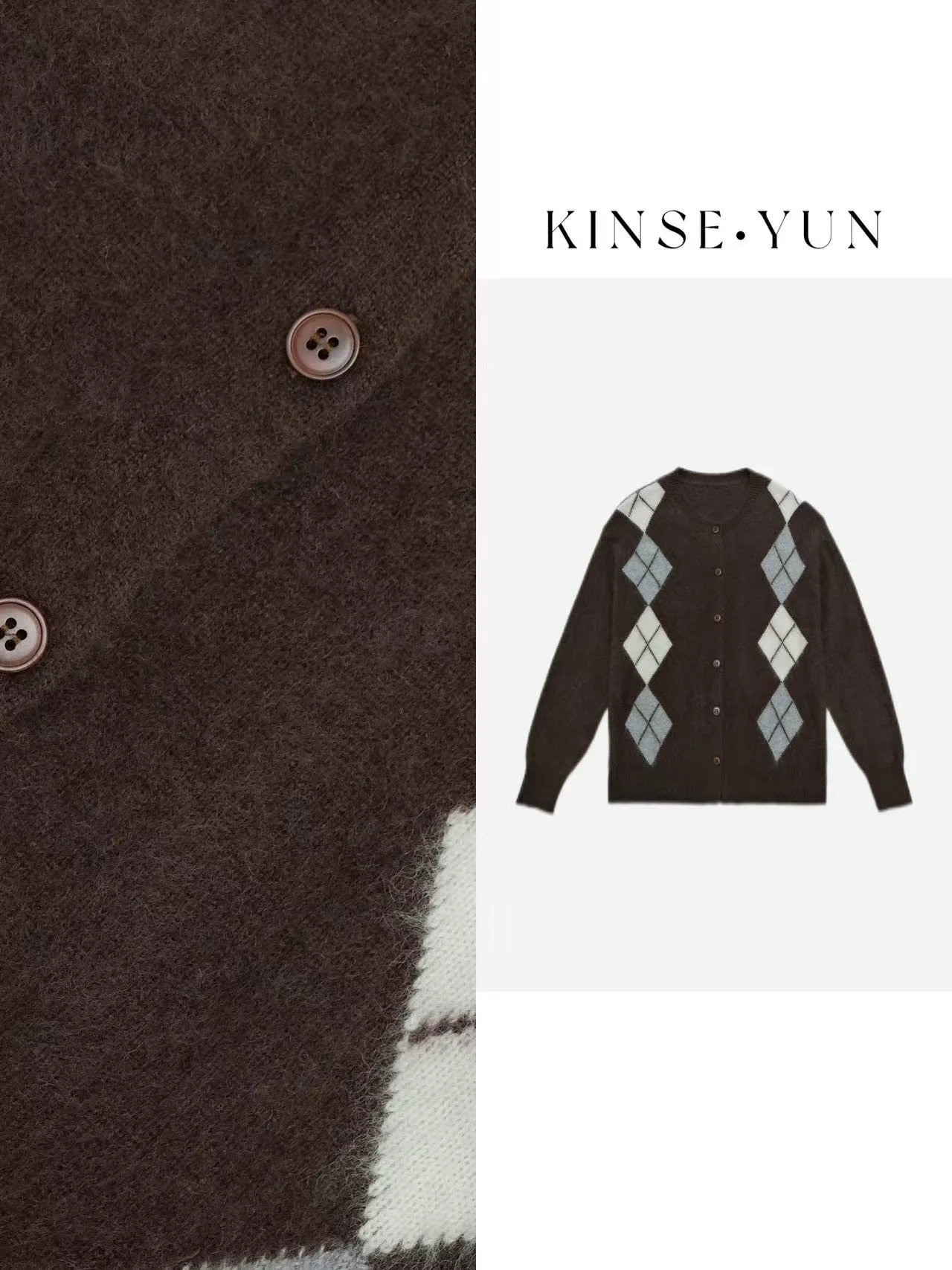 

KINSE YUN round Ne Open Cardigan Diamond Pattern Long Sve Woolen Knitted Sweater Women's Loose Fit Commute Sle QD022