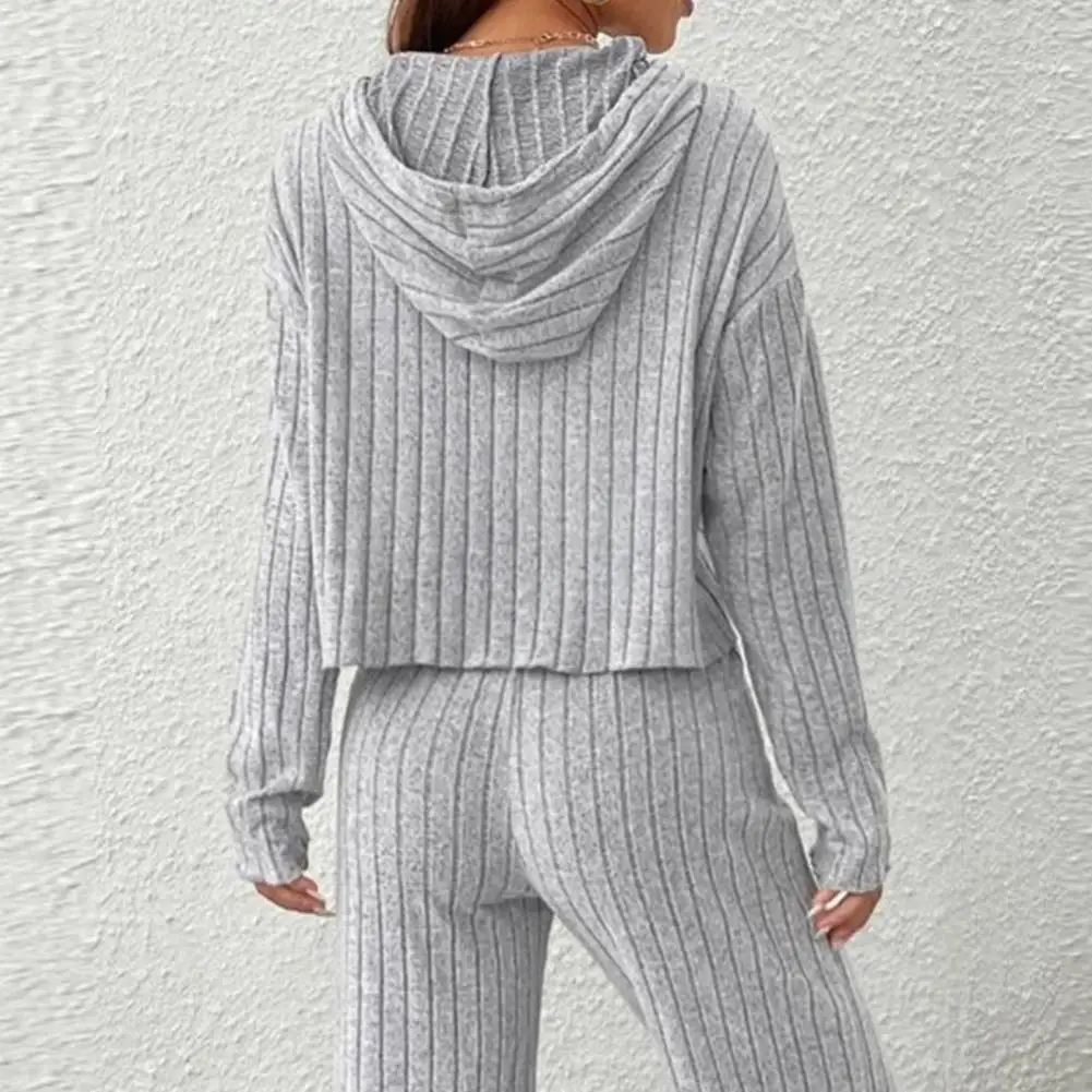 

2026 2 Pcs/Set Women Hoodie Pants Suit Drawstring Thread Long Sleeves Solid Color Top High Waist Wide Leg Sport Trousers Spring