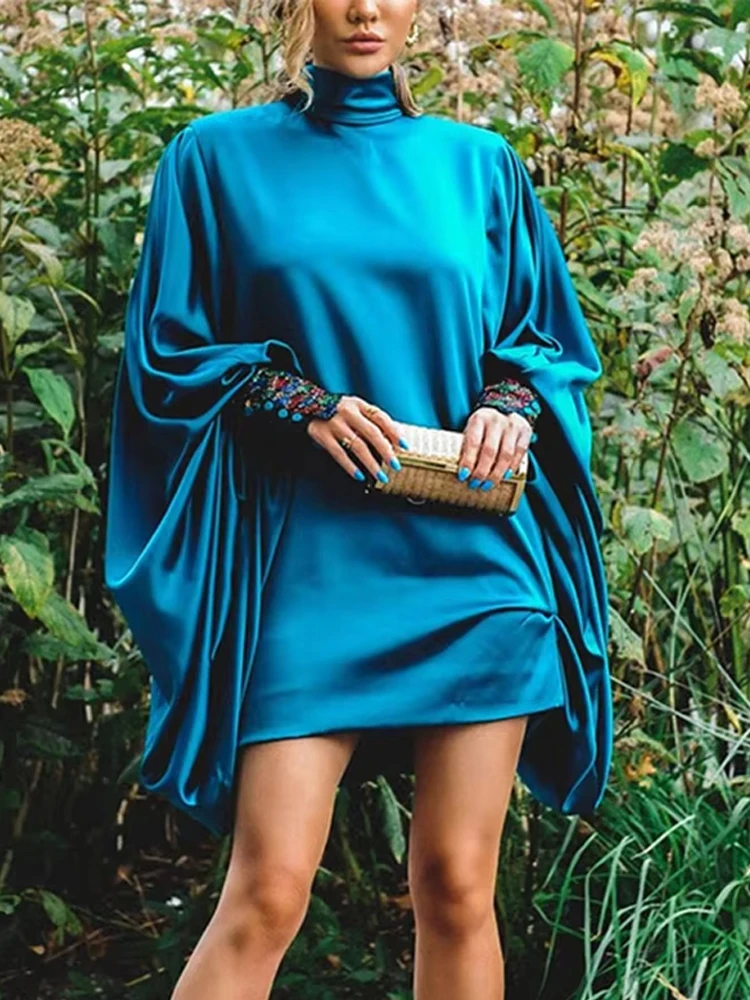 2025 Nieuwe Vintage Elegante Blauwe Feestjurk Losse Batwing Mouwen Dichtgeknoopt Effen Kleur Hoge Hals Mini Jurken Voor Vrouwen
