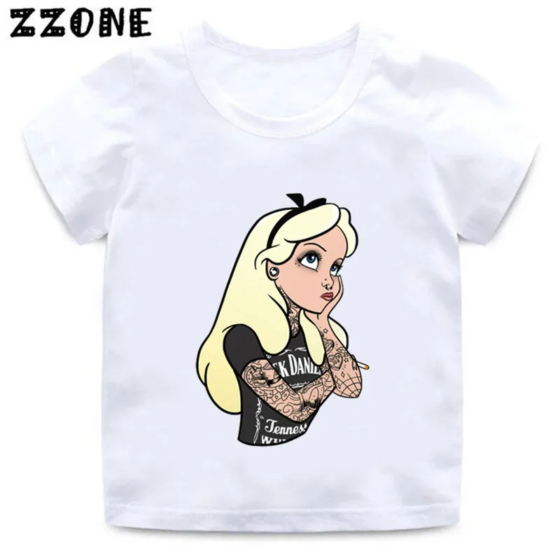 Tattoo Alice Thinking Princess Jasmine Print Cartoon Kids T-Shirts Girls Clothes Baby Boys T shirt Summer Children Tops,ooo5295