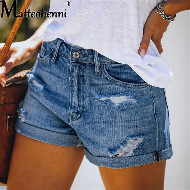 New Women Fashion Ripped High Waisted Rolled Denim Shorts Vintage Hole Summer Casual Pocket Short Jeans Ladies Hotpants Shorts