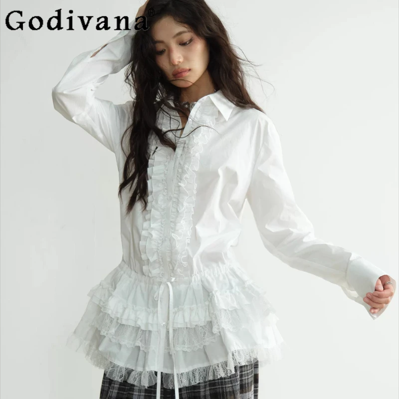 

Spring Autumn New White Sweet Girl Heavy Industry Ruffles Shirt Fashion Loose Age Reduction Lace-up Long Sleeve Lolita Shirts