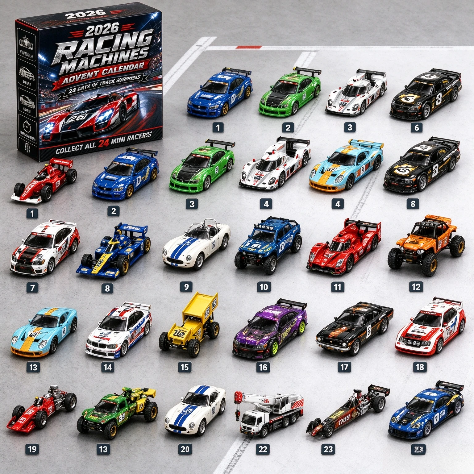 24-Day Race Car Advent Calendar, Racing Series Sports Car 2026 Xmas Blind Box, Christmas Tree Ornament, Cool Mini Gif