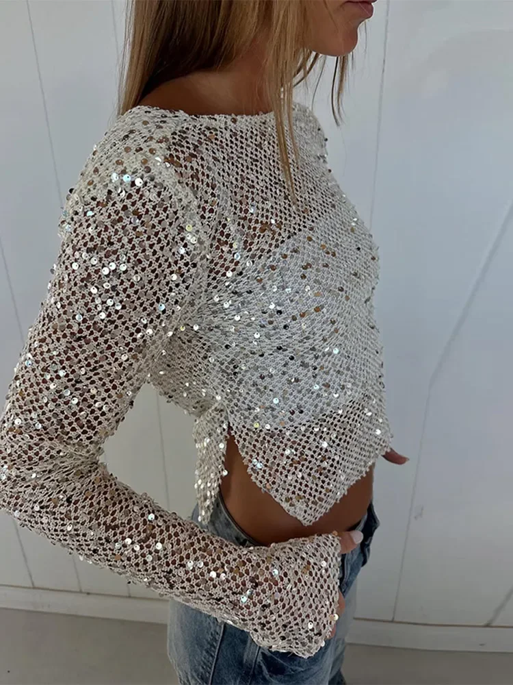 Chic Women's Sequin Long Sleeve Top Deep V Neck Reversible Cropped Blouse  Fashion Clubwear Sparkly Glitter Two Ways Wear Shirt
