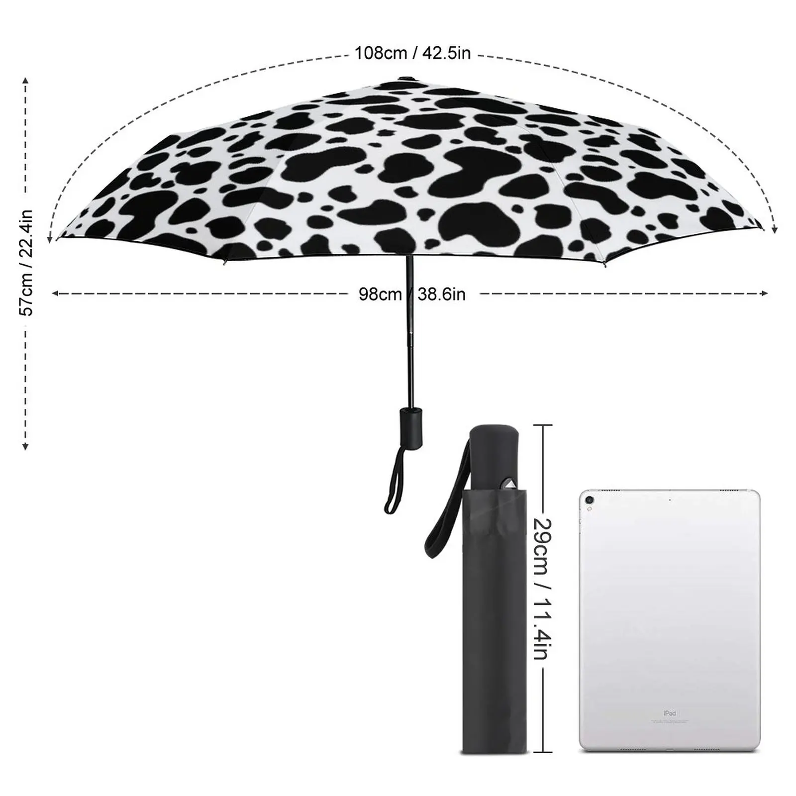 Farm Animal Print 3 Fold Auto Umbrella Black White Cow Spots Carbon Fiber Frame Umbrella Sun and Rain Portable Umbrellas for Men