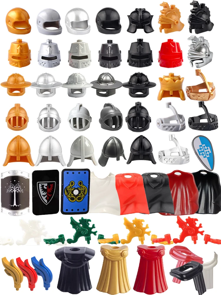 Bloc de construction MOC, chevalier médiéval, soldat romain, accessoire, casque, couvre-chef, plume de flamme, bouclier d'aigle noir, cape de roi, jouet en brique