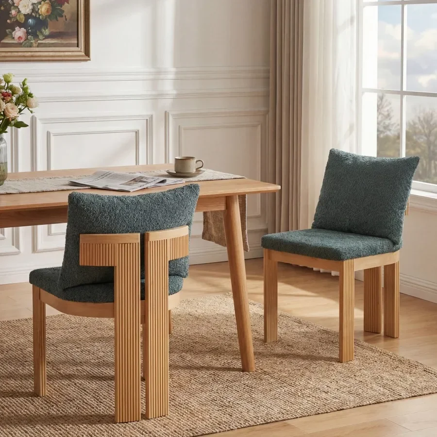 Indoor Boucle Dining Chair Set of 2, Rubber Wood Frame, Plush Green Boucle Seating, 250lbs Weight Capacity for Kitchen and Dini
