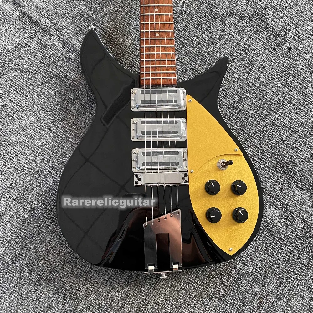 High-quality 325 6-string Black Electric Guitar, Rosewood Body,3 Mini Pickups, Gold Pickguard