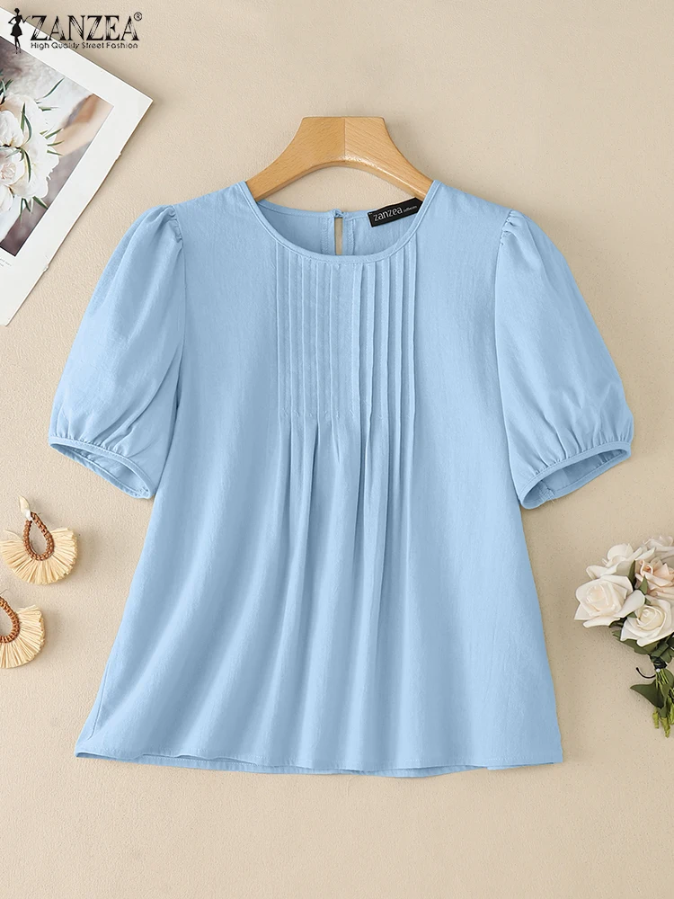 ZANZEA ผู้หญิงฤดูร้อนผ้าฝ้ายลินินเสื้อจีบ-Bib O-คอสั้นพัฟแขน Blusas Mujer ทุกวันแฟชั่นสีทึบ Chemise