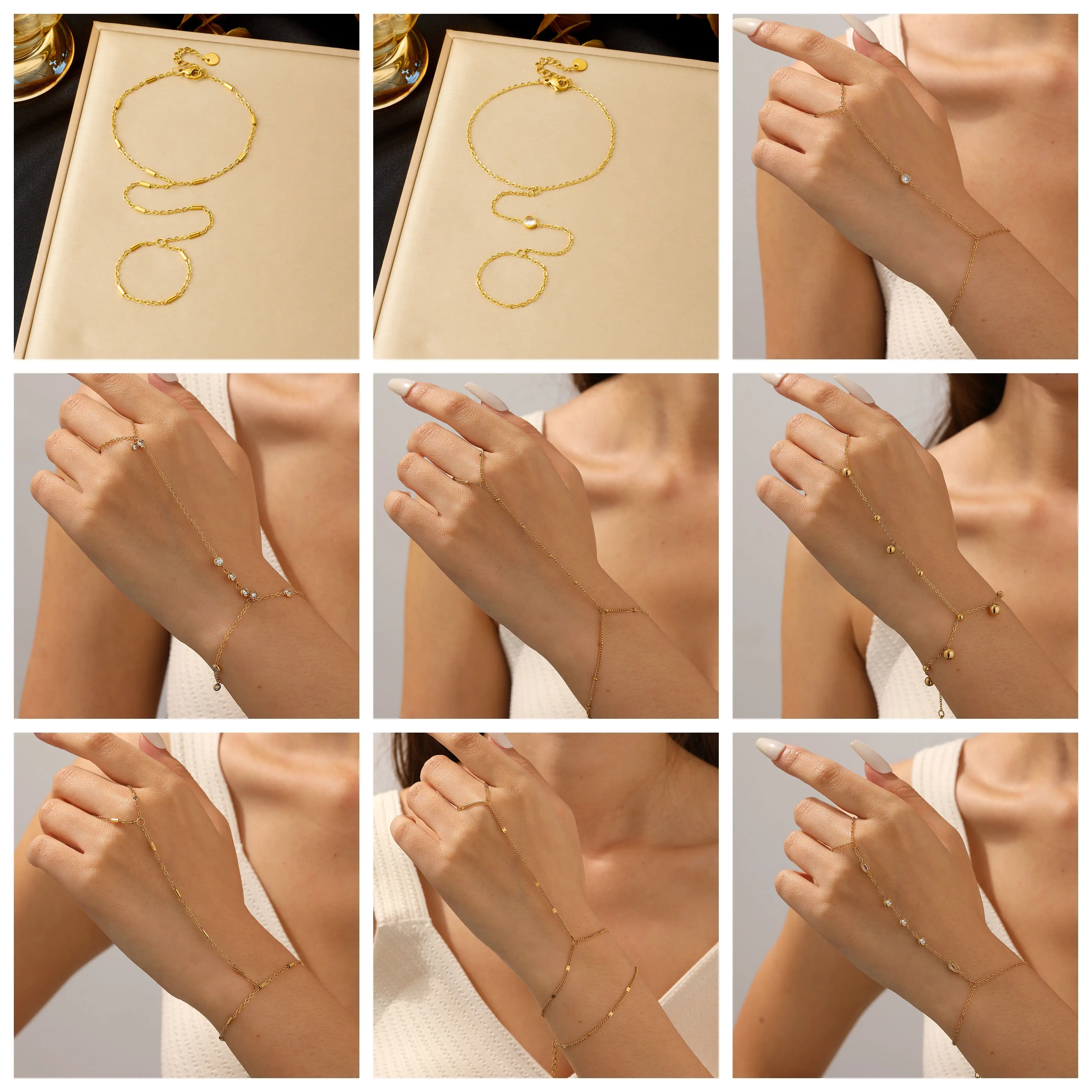 DIEYURO 316L الفولاذ المقاوم للصدأ الذهبي الصغيرة الجزء الخلفي من اليد سلسلة إصبع سوار طويل سيدة الموضة مجوهرات مقاومة للماء براقة #6