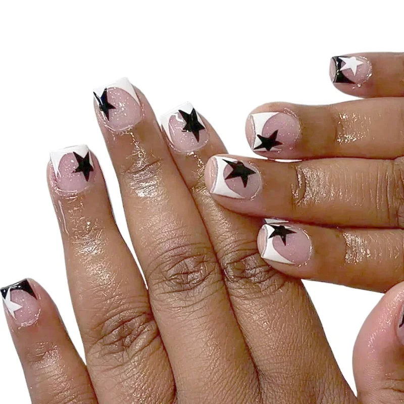 

Европейская и американская блестящая черная звезда носить ногти короткий французский белый край сладкий и крутой носить готовый продукт для дизайна ногтей