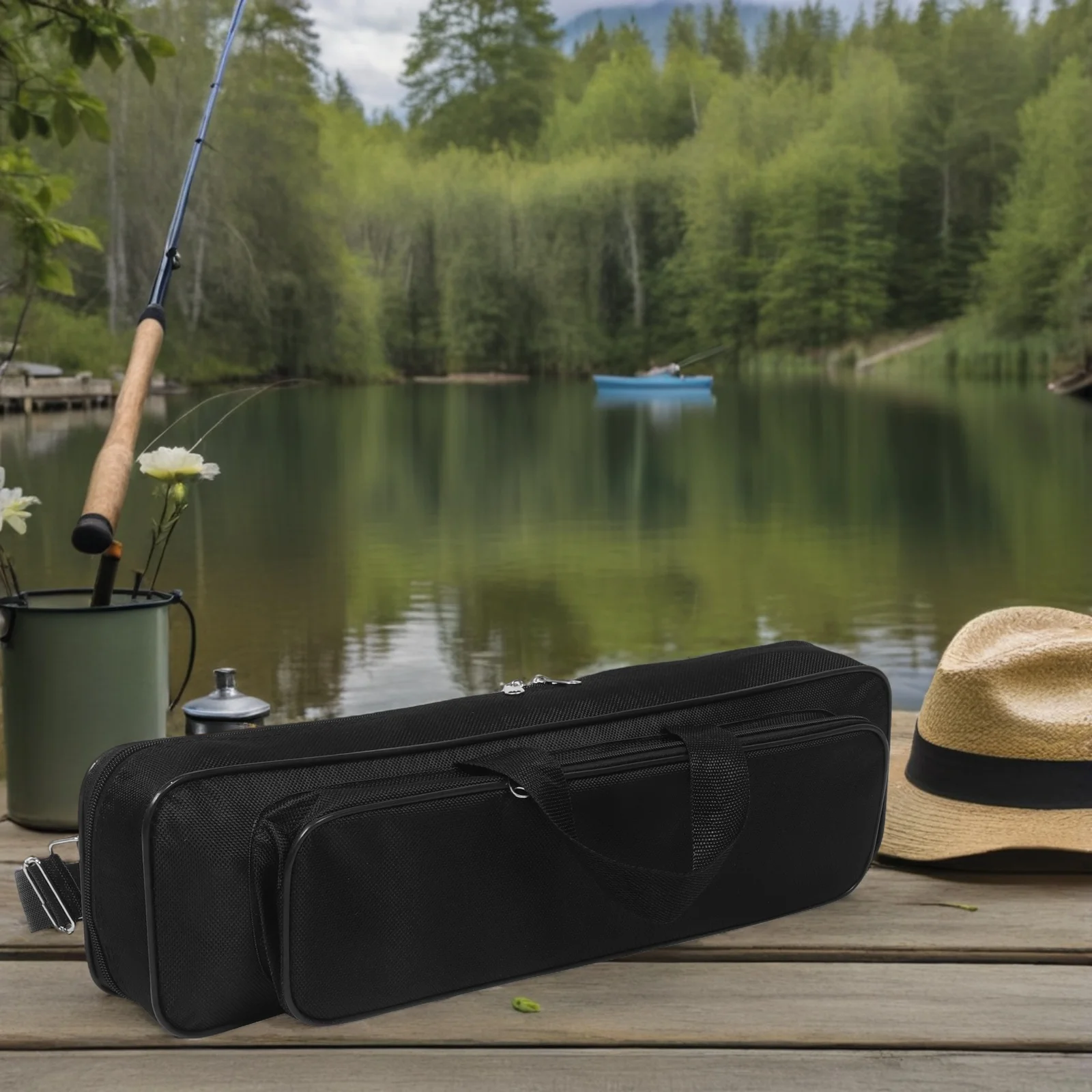 حقيبة صنارة الصيد المدمجة 50 سم إطار سلك فولاذي من قماش أكسفورد أنيق ومتعدد الاستخدامات لتخزين أدوات الصيد للصيادين