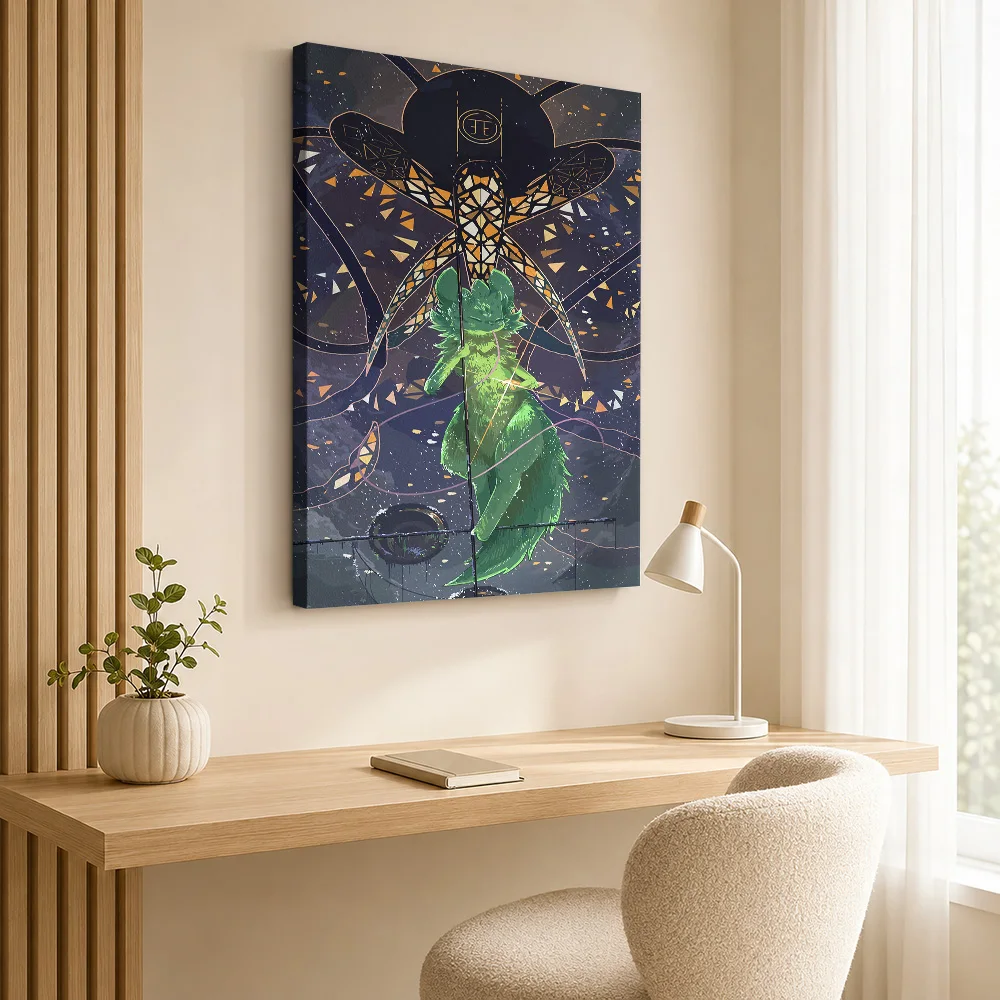 Rain World Insect Above Green Figure Framed Canvas Print Personalized Photo Multicolor Polygon Shapes Wall Art For Game Lounge